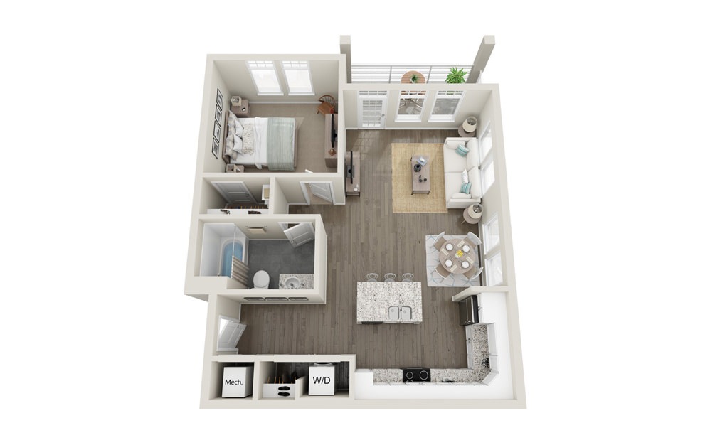 A1 - 1 bedroom floorplan layout with 1 bath and 738 square feet.