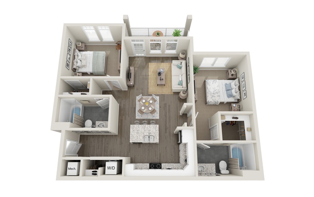 B1 - 2 bedroom floorplan layout with 2 baths and 1018 square feet.